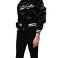 Black Satin Floral Embroidery Bomber Jacket