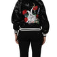 Black Satin Floral Embroidery Bomber Jacket
