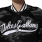Black Satin Floral Embroidery Bomber Jacket