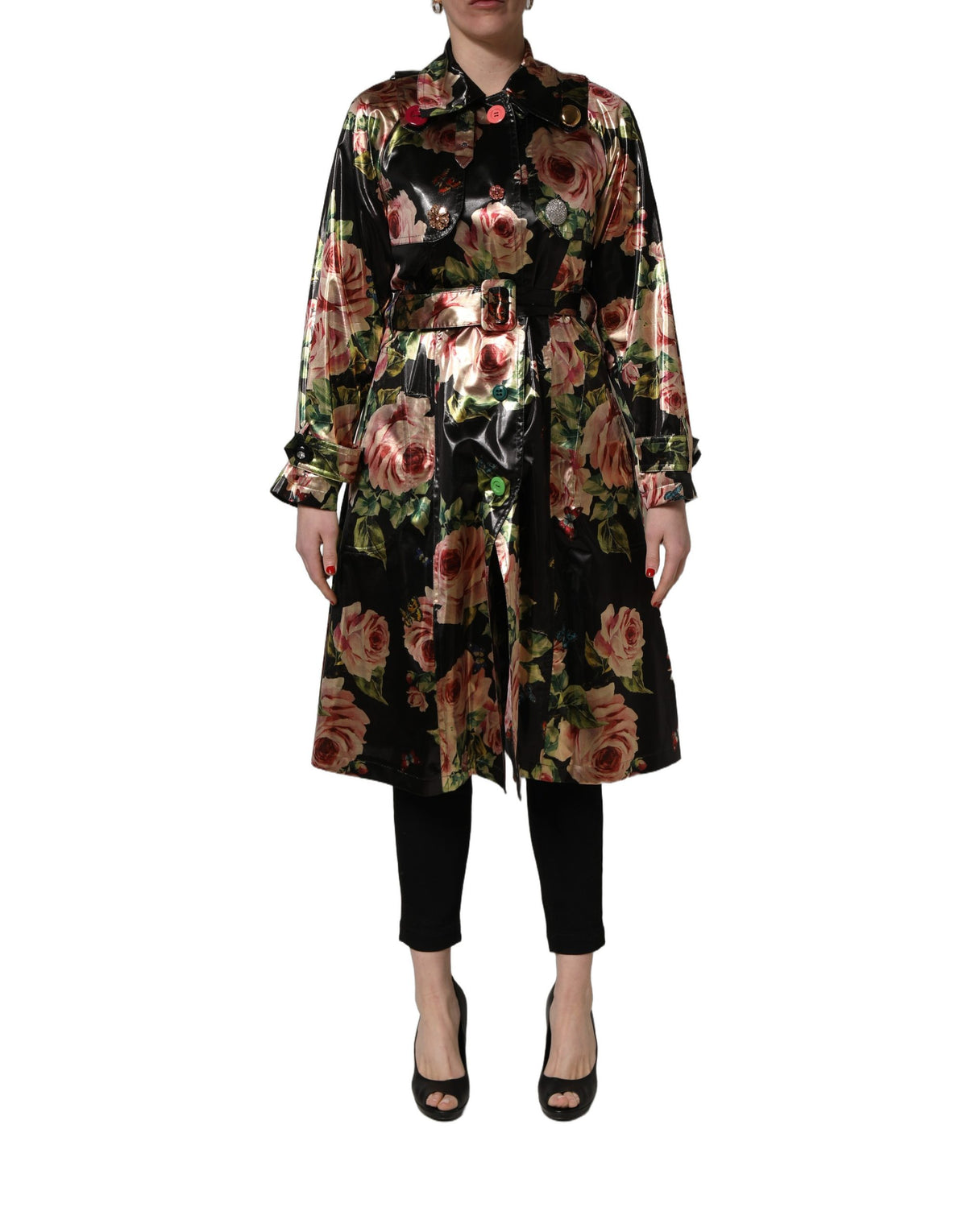 Black Floral Belted Polyester Trench Coat Jacket