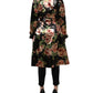Black Floral Belted Polyester Trench Coat Jacket