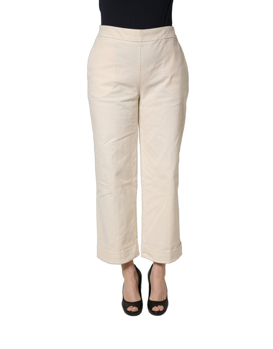 Beige High Waist Straight Capri Cropped Trouser Pants