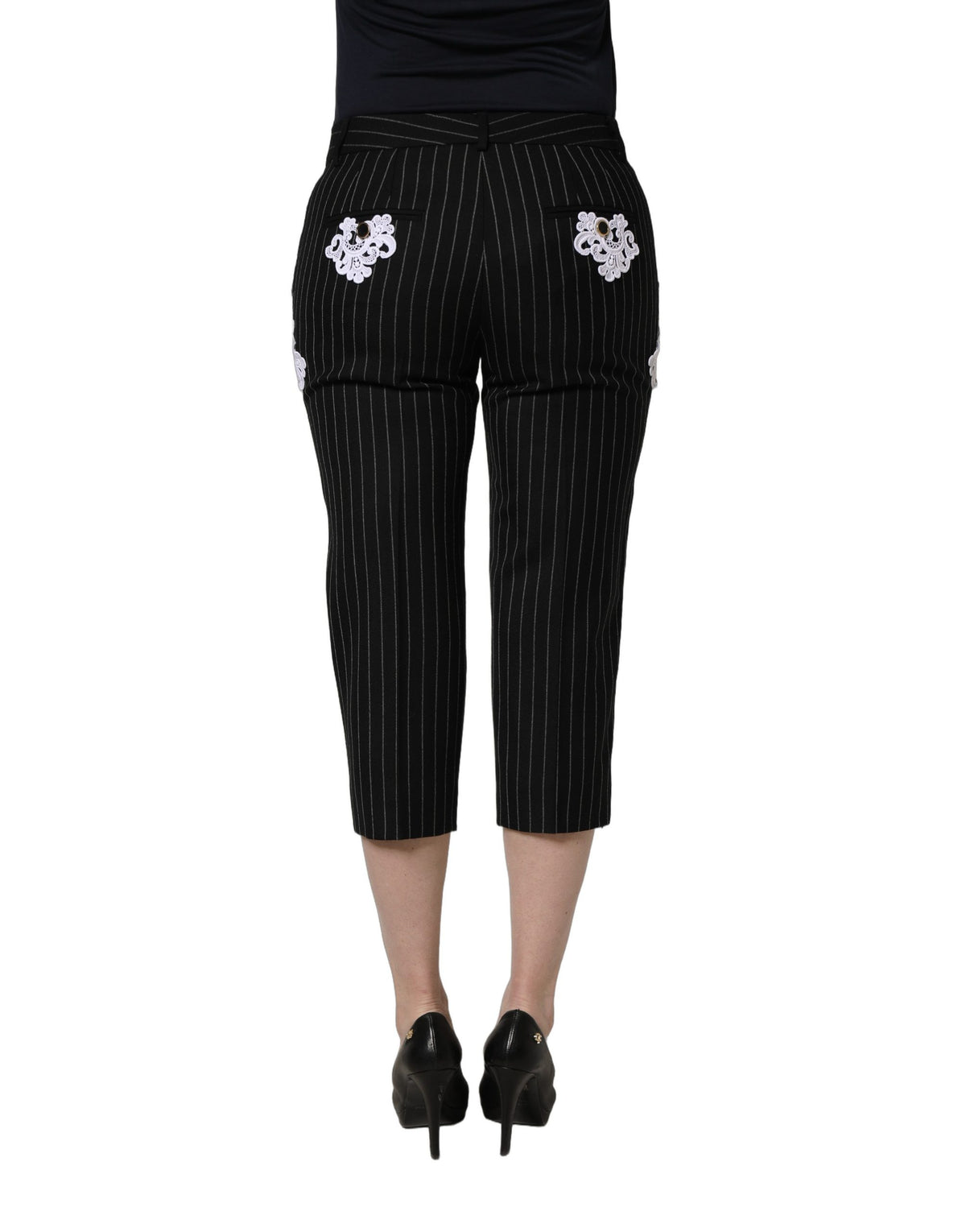 Black Lace Applique Pinstripe Cropped Pants