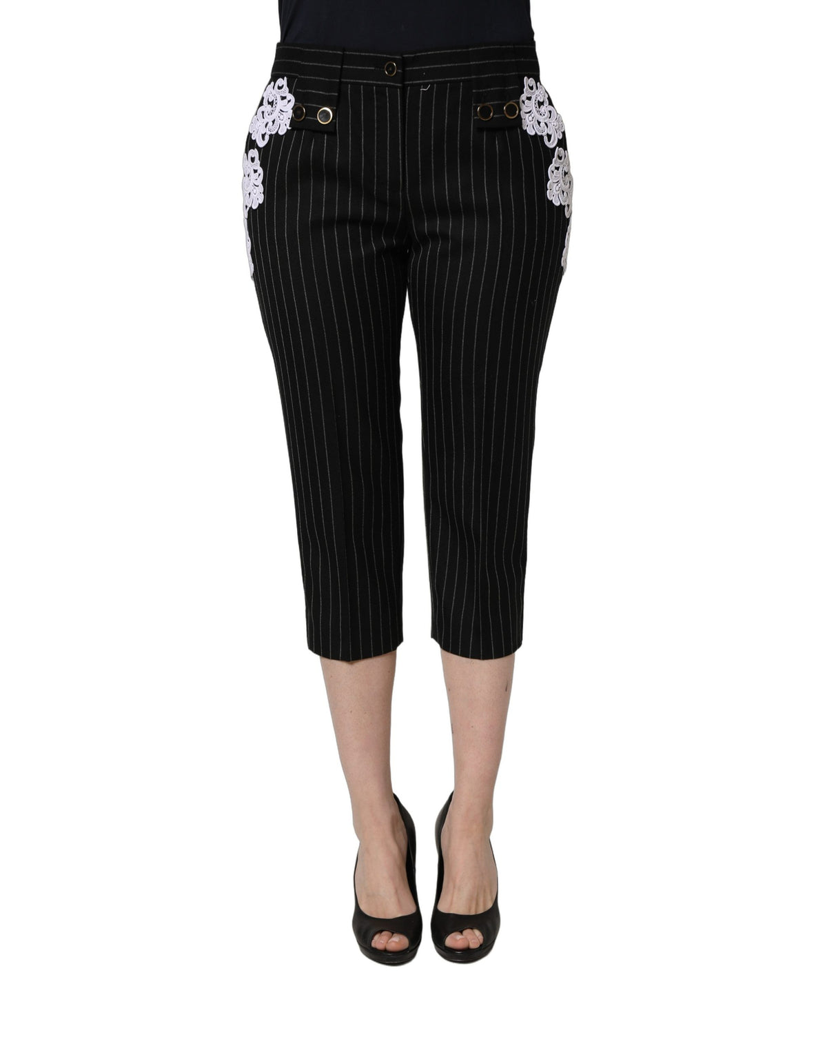Black Lace Applique Pinstripe Cropped Pants