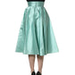 Green Satin High-Waisted Pleated A-line Midi Skirt