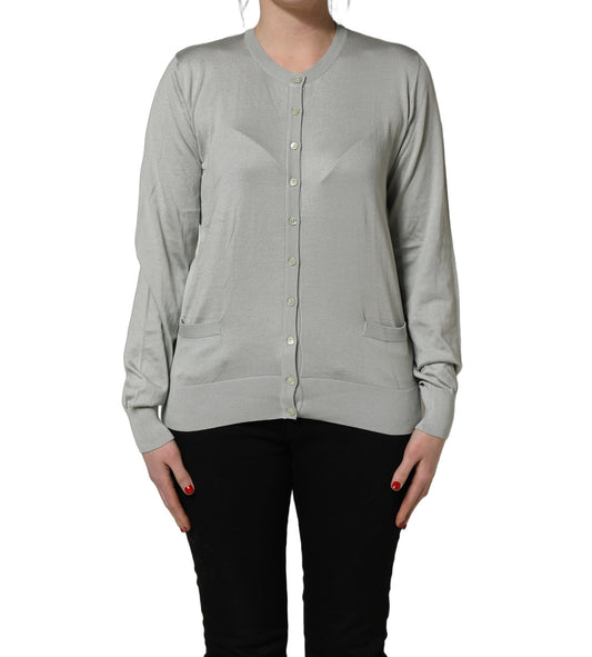 Green Button Down Silk Long Sleeve Cardigan Sweater