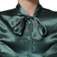 Dark Green Silk Satin Blouse Neck Tie Top
