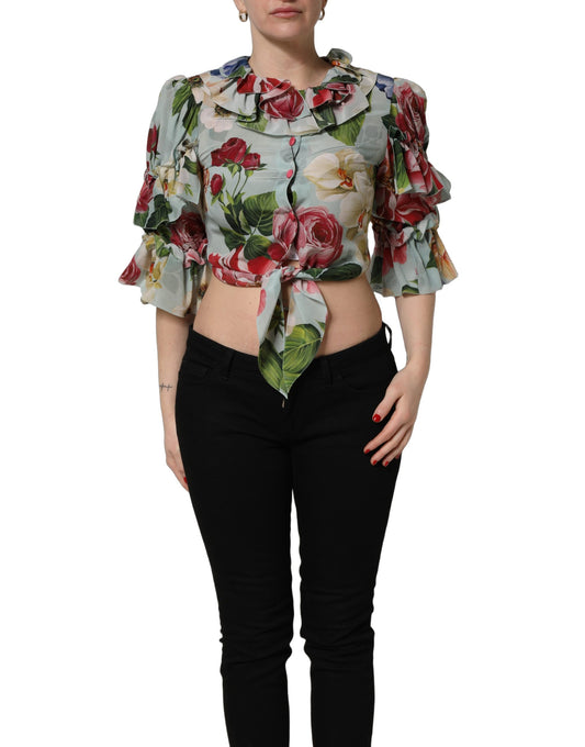 Multicolor Floral Silk Cropped Shirt Top