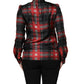 Red Black Plaid Silk Tie-Neck Blouse Top