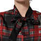 Red Black Plaid Silk Tie-Neck Blouse Top