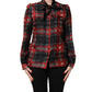 Red Black Plaid Silk Tie-Neck Blouse Top