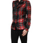 Red Black Plaid Silk Tie-Neck Blouse Top