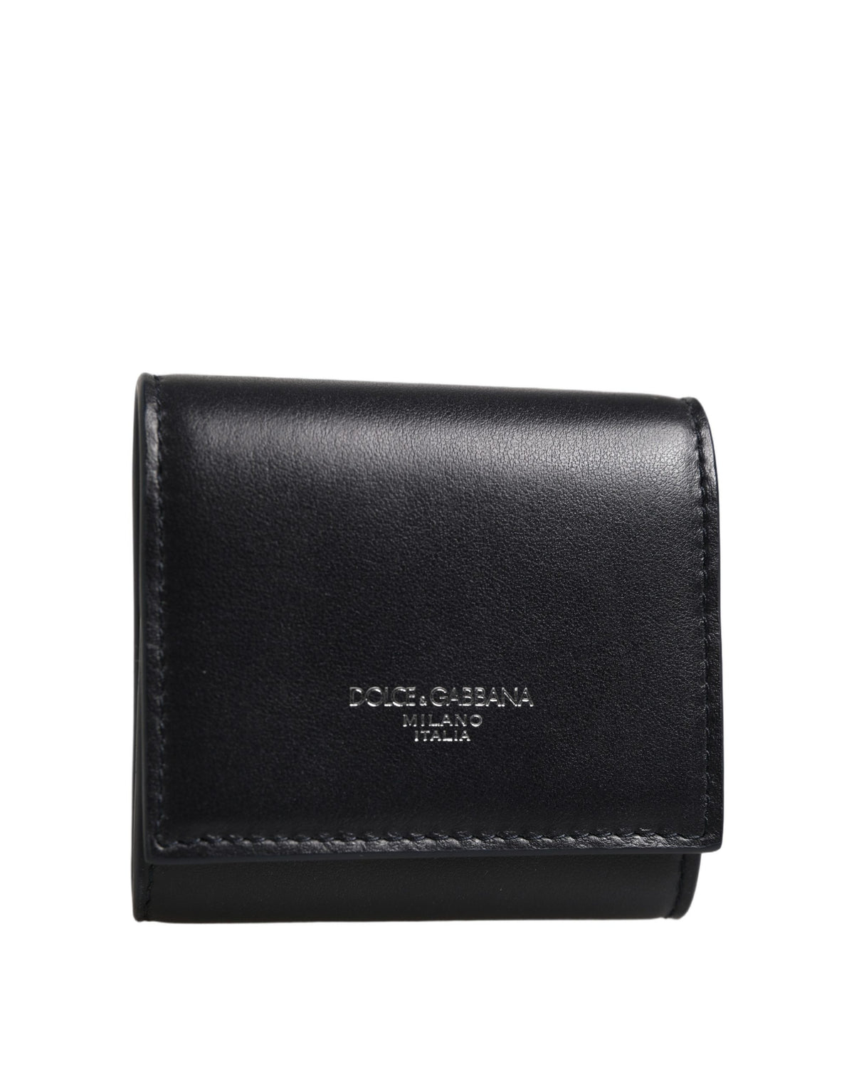 Black Calfskin Leather Logo Print Bifold CoinPurse Wallet