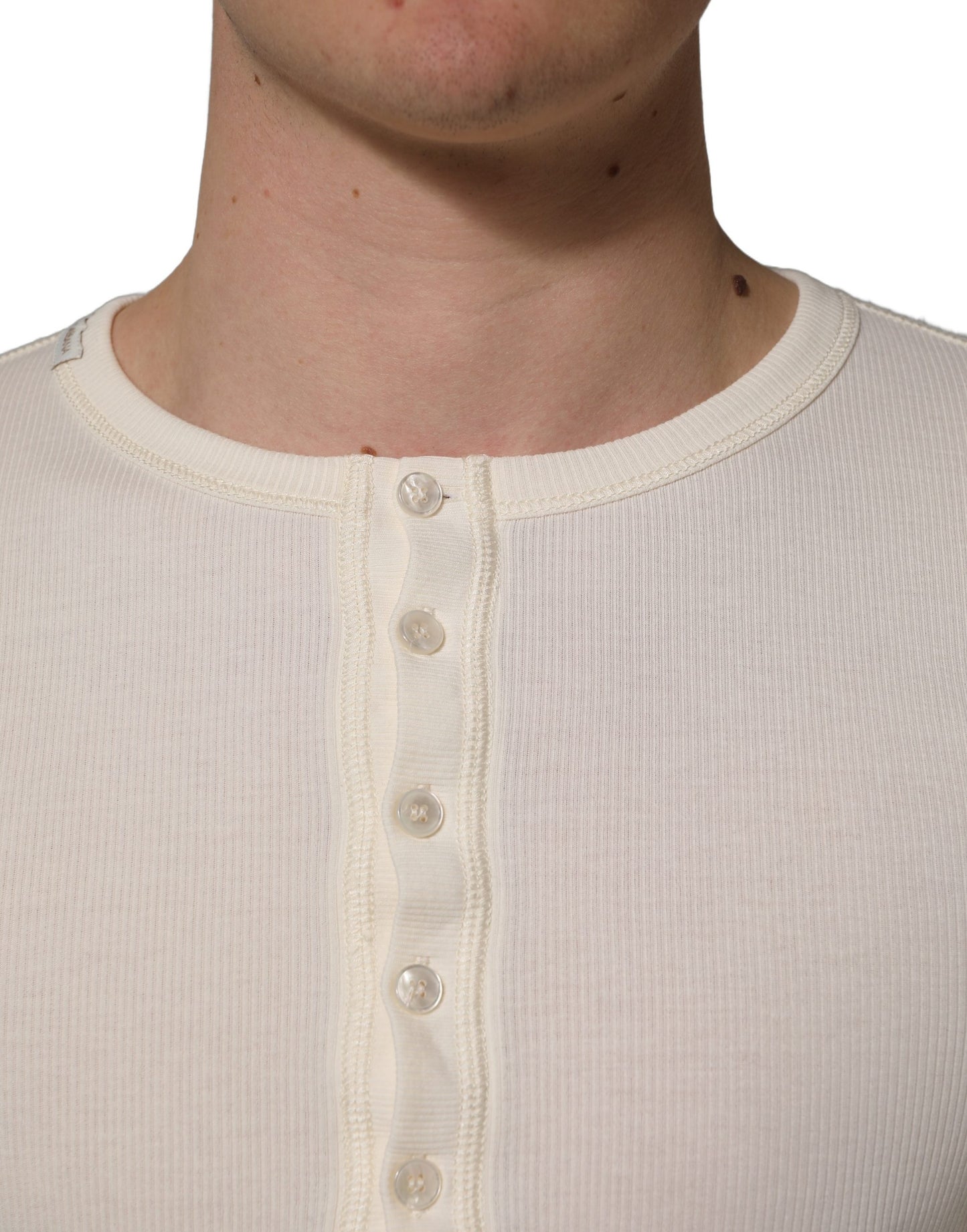 White Long Sleeves Henley Pullover Sweater