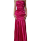 Hot Pink Ruched Satin Strapless Gown Dress