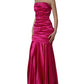 Hot Pink Ruched Satin Strapless Gown Dress