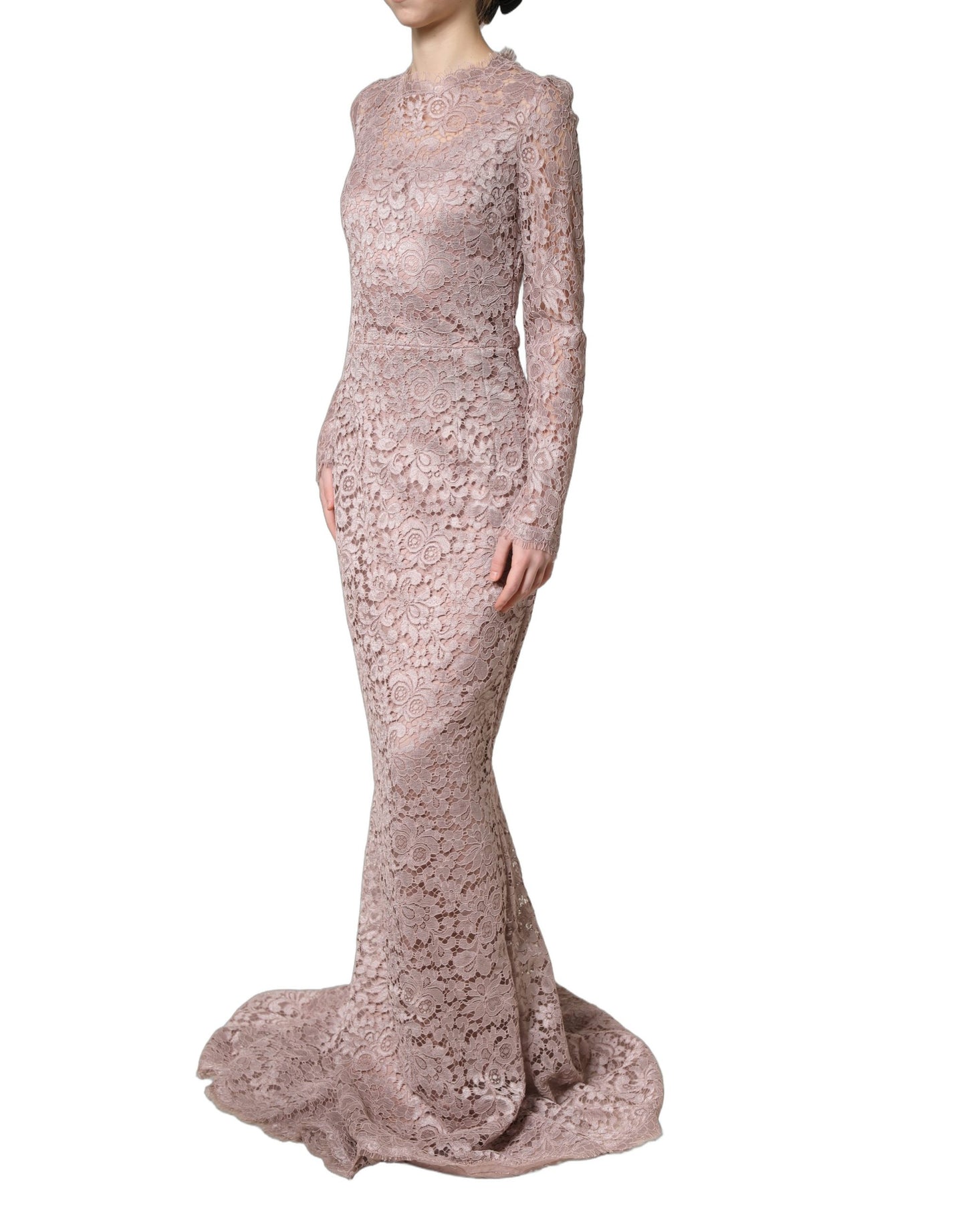 Pink Lace Long Sleeves Evening Gown Dress