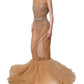 Brown Crystal Embellished Mermaid Gown Dress