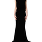 Black Viscose Velvet Floor Length Gown Dress