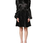 Black Satin Long Puff Sleeves Pleated Dress