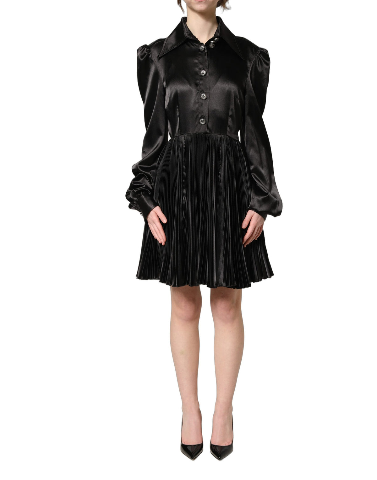 Black Satin Long Puff Sleeves Pleated Dress