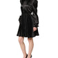 Black Satin Long Puff Sleeves Pleated Dress