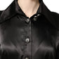 Black Satin Long Puff Sleeves Pleated Dress