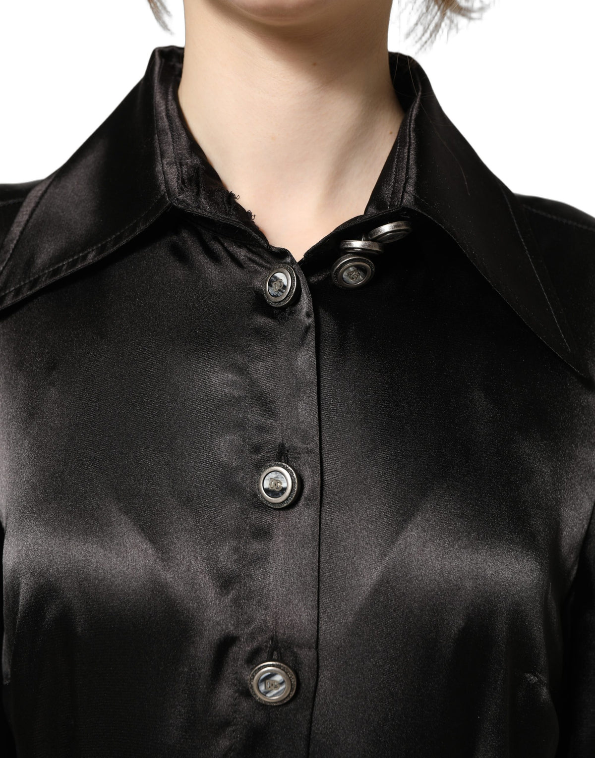 Black Satin Long Puff Sleeves Pleated Dress