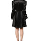 Black Satin Long Puff Sleeves Pleated Dress
