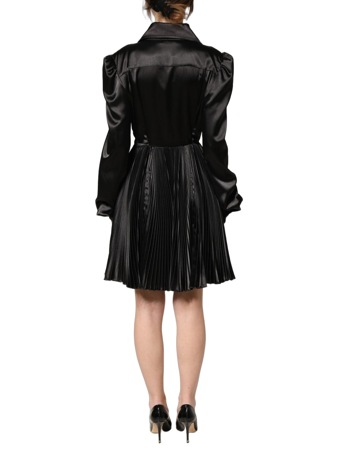Black Satin Long Puff Sleeves Pleated Dress