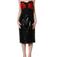 Black Strapless Red Rose Sequined Midi Dress