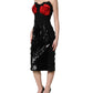 Black Strapless Red Rose Sequined Midi Dress