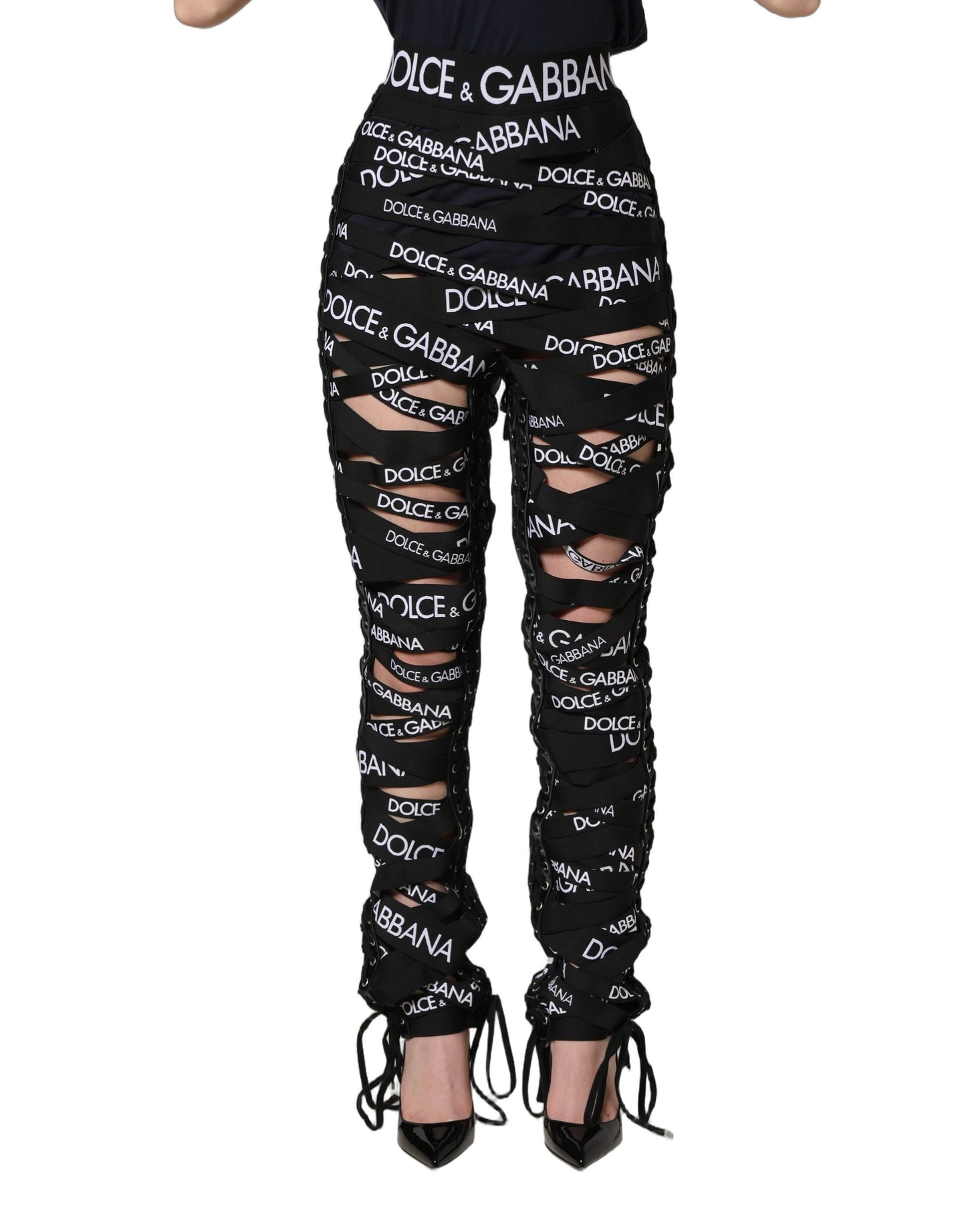 Black Logo Tape Cut Out Skinny High Waist Pants