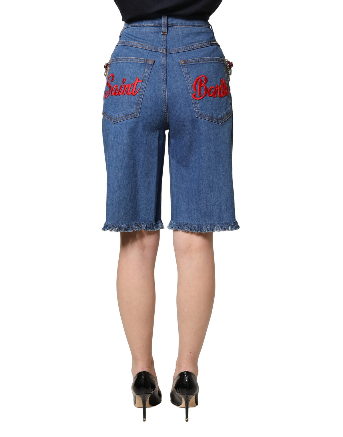 Blue Cotton Embellished BermudaDenim Shorts