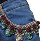 Blue Embellished Wide Cropped Denim Jeans
