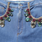 Blue Embellished Wide Cropped Denim Jeans