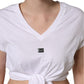 White Logo Embroidered TieWaist Cropped Top