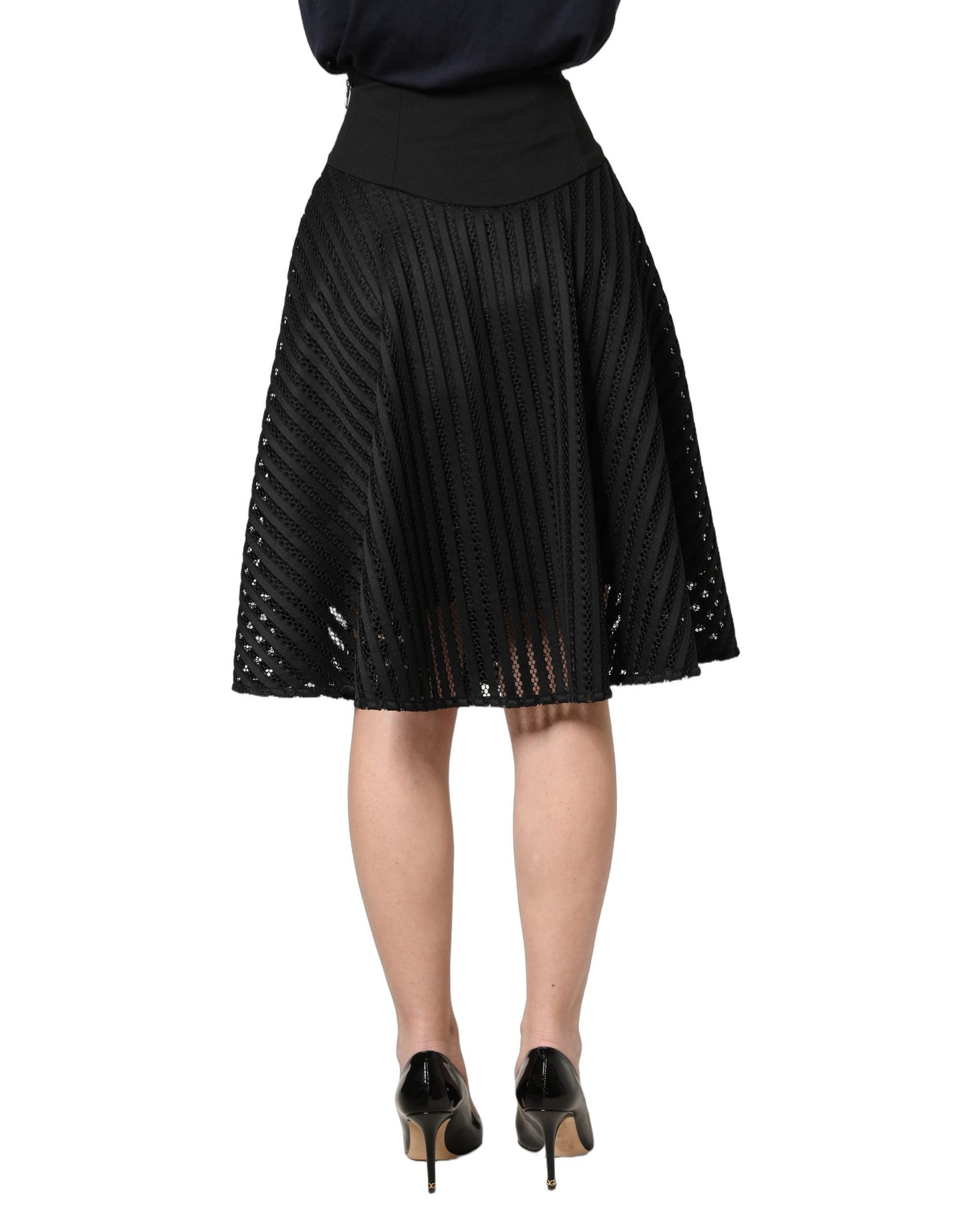 Cotton Striped Flared Silhouette Aline Midi Black
