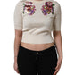 Beige Floral Print Silk CrewNeck Pullover Top