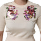 Beige Floral Print Silk CrewNeck Pullover Top