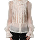 White Ruffled Sheer Silk Buttoned Blouse Top