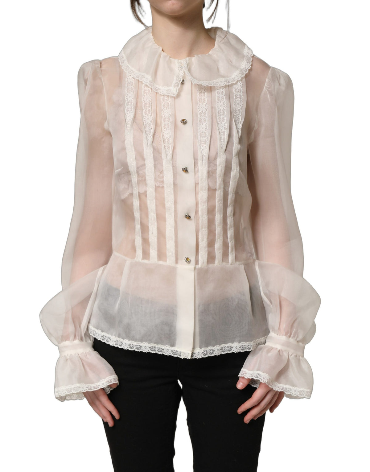 White Ruffled Sheer Silk Buttoned Blouse Top