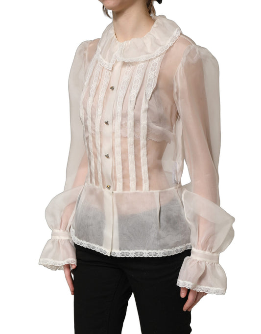 White Ruffled Sheer Silk Buttoned Blouse Top
