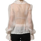 White Ruffled Sheer Silk Buttoned Blouse Top