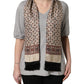 Gray Cotton V-neck Owl Silk Scarf Top T-shirt