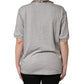 Gray Cotton V-neck Owl Silk Scarf Top T-shirt