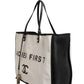Ladies First White and Black Canvas Shopper Tote Bag