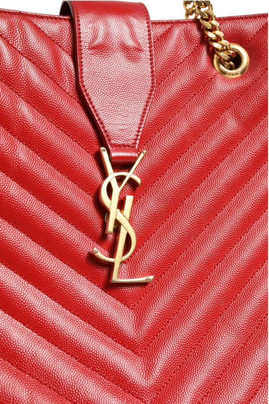 Red Chevron Quilted Grained Leather Monogram Tote Bag