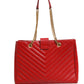 Red Chevron Quilted Grained Leather Monogram Tote Bag