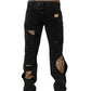Black Distressed Cotton Straight Denim Jeans